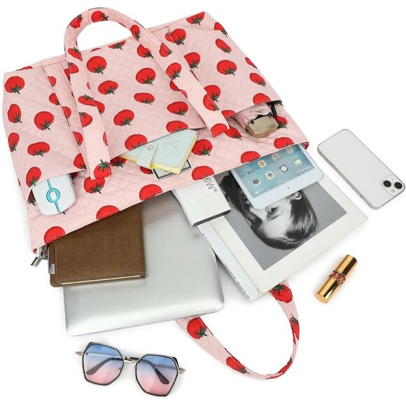 Large Capacity Women's Tote Bag with Laptop Compartment and Floral Print Tomato - Picture 2 of 6